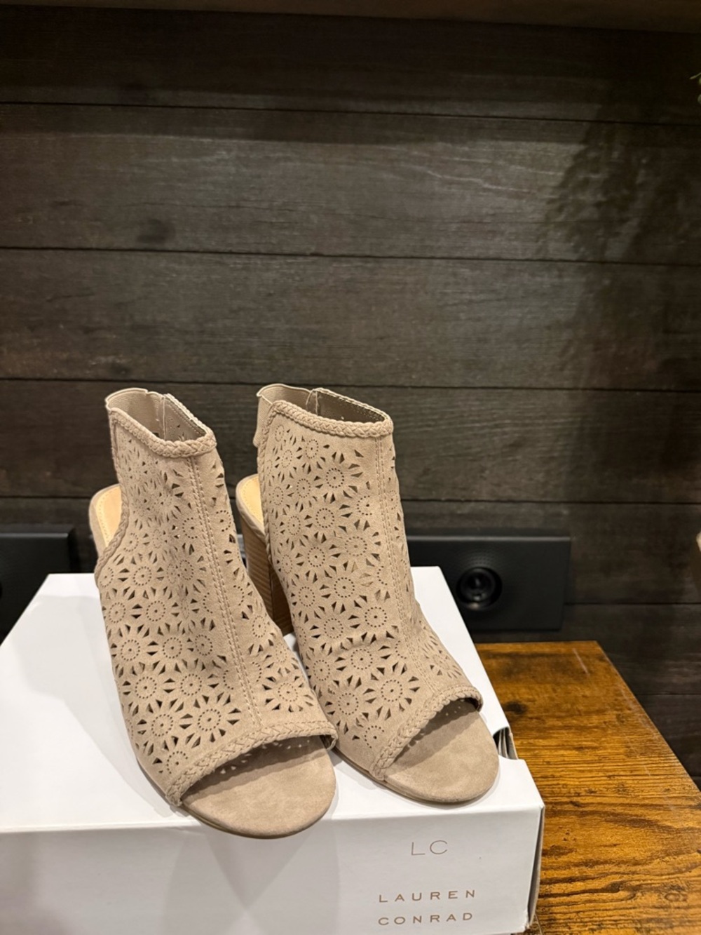 LC Lauren Conrad Beige Laser-Cut Peep-Toe Mules